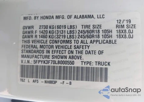 2020 Honda Ridgeline Rtl-E из США, поврежденный, VIN 5FPYK3F70LB000550